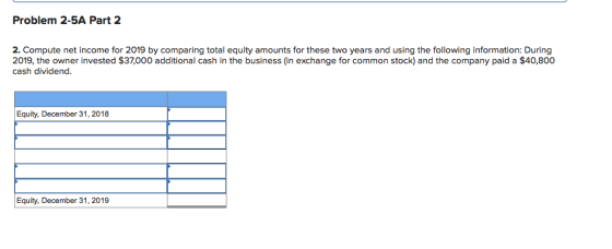 Problem 2-5A Part 2 2. Compute net income for 2019 by comparing total equity amounts for these two years and using the follow