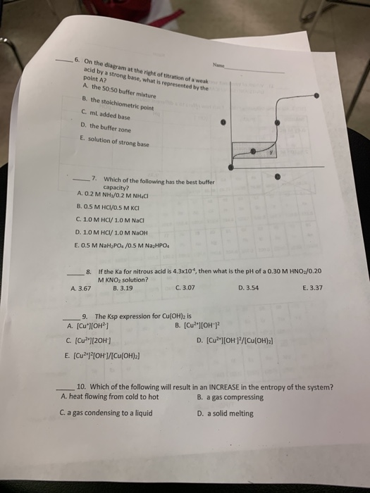 6. On the diagram at the right of titration of a weak acid by a strong base, what is represented by the point A? A. the 50:50
