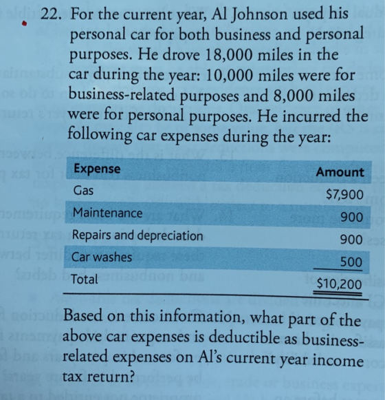 22. For the current year, Al Johnson used his personal car for both business and personal purposes. He drove 18,000 miles in
