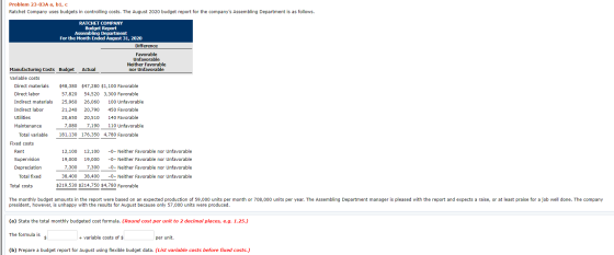 Problem 23-03A a, b1, c Ratchet Company uses budgets in controlling costs. The August 2020 budget report for the companys As