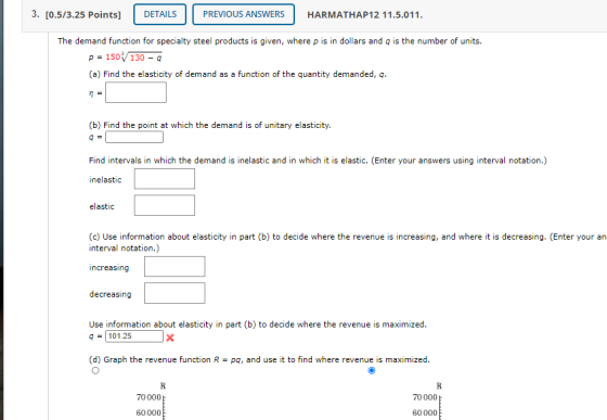 3. [0.5/3.25 Points] DETAILS PREVIOUS ANSWERS HARMATHAP12 11.5.011. The demand function for specialty steel products is given