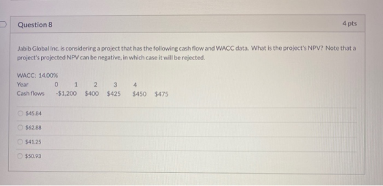 Question 8 4 pts Jabib Global Inc. is considering a project that has the following cash flow and WACC data. What is the proje