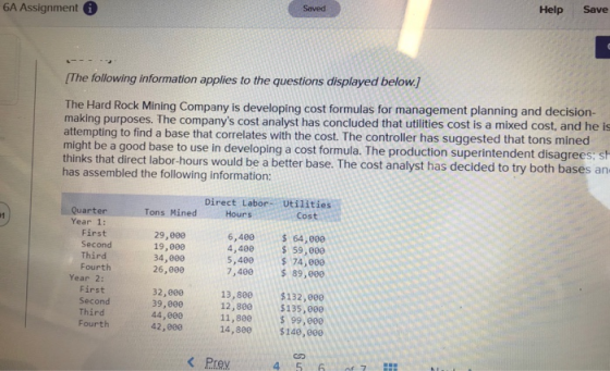 Saved Help Save 6A Assignment The following information applies to the questions displayed below.] The Hard Rock Mining Company is developing cost formulas for management planning and decision- making purposes. The companys cost analyst has concluded that utilities cost is a mixed cost, and he is attempting to find a base that correlates with the cost. The controller has suggested that tons mined might be a good base to thinks that direct labor-hours would be a better base. The cost analyst has decided to try both bases an has assembled the following information use in developing a cost formula. The production superintendent disagrees; sh Direct Labor- Utilities Quarter Year 1: Tons Mined Hours Cost First Second Third Fourth 34,eee 6,400$ 64,000 4,40059,000 5,400 $ 74,000 7,400 $89,000 29,008 19,000 26,000 Year 2: First Second Third Fourth 32,000 39,800 44,000 42,000 13,800$132,000 12,800$135,600 11,800$ 99,000 14,800$140,000 K Prey 4 56