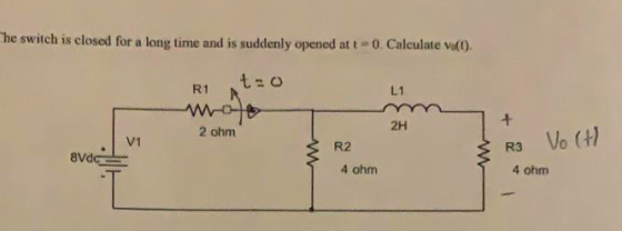 he switch is closed for a long time and is suddenly opened at t -0. Calculate vd0 L1 R1 干 2H 2 ohm V1 R2 4 ohm 4 ohm
