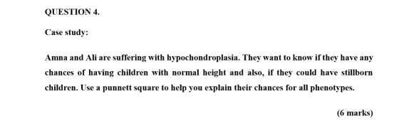 QUESTION 4. Case study: Amna and Ali are suffering with hypochondroplasia. They want to know if they have any chances of havi