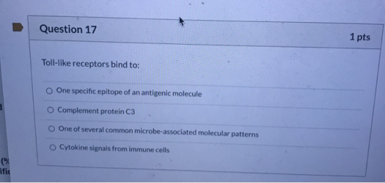 Question 17 1 pts Toll-like receptors bind to: One specific epitope of an antigenic molecule O Complement protein C3 O One of