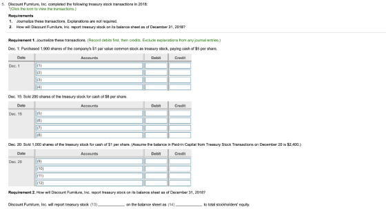 5. Discount Fumiture, Inc. completed the following treasury stock transactions in 2018: (Click the icon to view the transacti