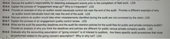 R14-3 Discuss the auditors responsibility for detecting subsequent events prior to the completion of field work. LO2 R14-4 E