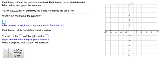 10- Find the equation of the parabola described. Find the two points that define the latus rectum, and graph the equation. Ve