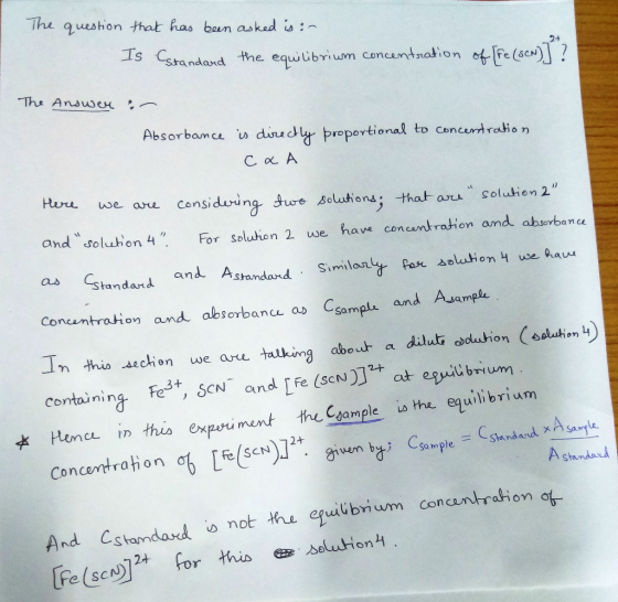 The queshion that has ban asked is: Is Csrandand the equibrium concentnation ofFe (sew)? 2+ The Ansuser Absorbamce s dinedl p