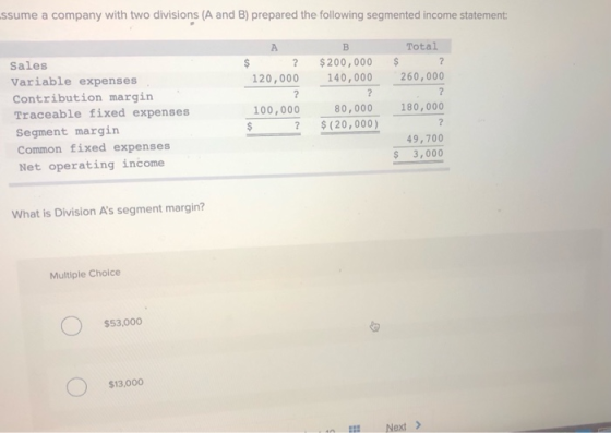 ssume a company with two divisions (A and B) prepared the following segmented income statement: B Sales Variable expenses Con