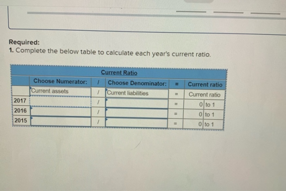 Required: 1. Complete the below table to calculate each years current ratio. Choose Numerator: Current assets Current Ratio
