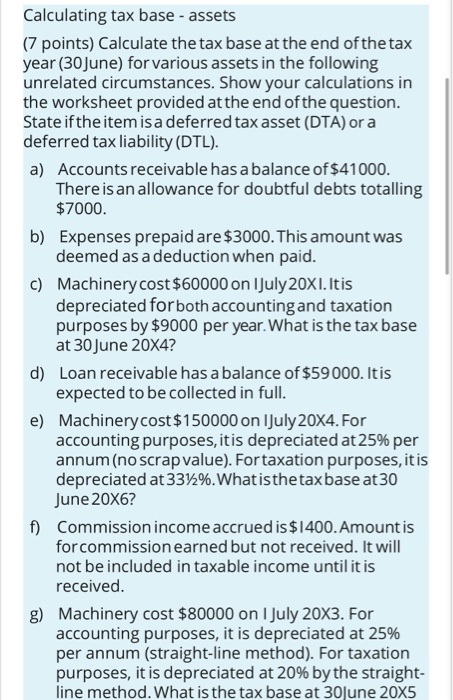 Calculating tax base - assets (7 points) Calculate the tax base at the end of the tax year (30 June) for various assets in th