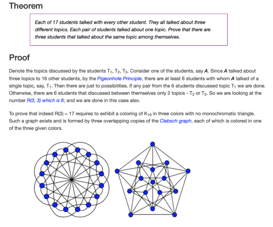 Theorem Each of 17 students talked with every other student. They all talked about three different topics. Each pair of stude