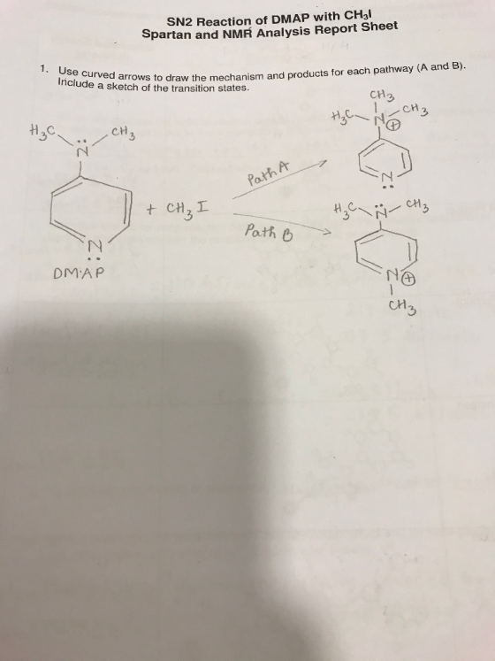 SN2 Reaction of DMAP with CH31 Spartan and NMR Analysis Report Sheet 1. Use curved arrows to Include a sketch of the transiti