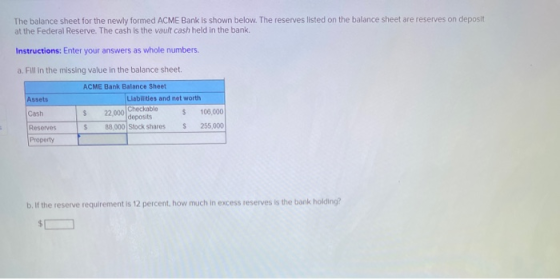 The balance sheet for the newly formed ACME Bank is shown below. The reserves listed on the balance sheet are reserves on dep