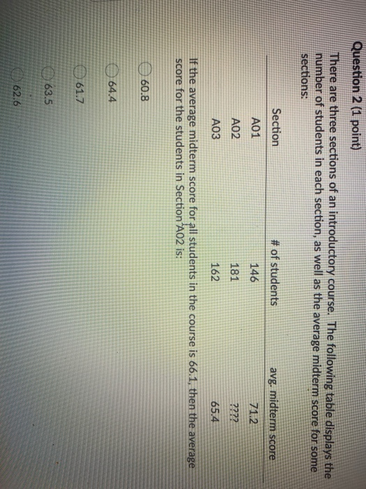 Question 2 (1 point) There are three sections of an introductory course. The following table displays the number of students