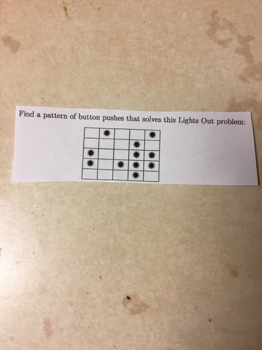 Find a pattern of button pushes that solves this Lights Out problem: