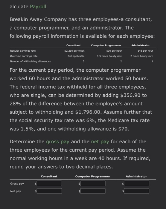 alculate Payroll Consultant Administrator $48 per hour 2 times hourly rate 1 Breakin Away Company has three employees-a consu