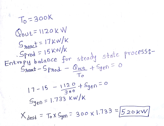 To-300K Srenct-17kw/k PYD EntroPy balance for steady state process- To 17 151120 Se o gen 3 o o gen= 1.733 Kw Xdest To x gen 300 x 1.733 520 kw