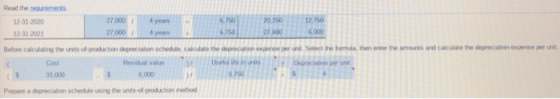 Read the requirements 4 years 12-31-2020 12-31 2021 27.000 27.000 6.750 6.750 20.250 27.000 12.750 6,000 4 years Before calcu