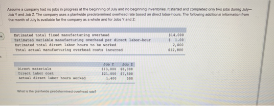 Assume a company had no jobs in progress at the beginning of July and no beginning inventories. It started and completed only