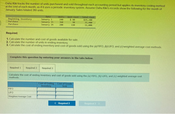 Oahu Kiki tracks the number of units purchased and sold throughout each accounting period but applies its inventory costing m