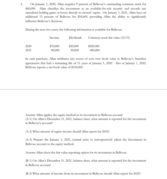 2. On January 1, 2020, Allan acquires 9 percent of Bellevues outstanding common stock for $40,000. Allan classifies the inve