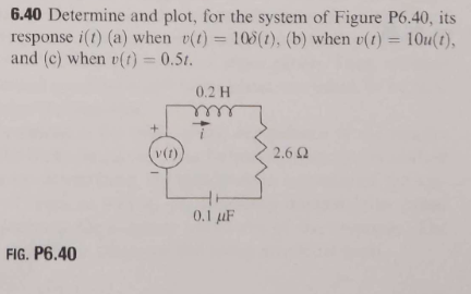 6.40 Determine and plot, for the system of Figure P6.40, its response i(1) (a) when y(t) = 106(1), (b) when v(t) = 10u(t), an