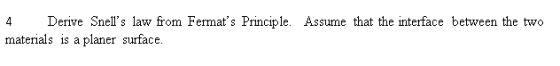 4 Derive Snells law from Fermats Principle. Assume that the interface between the two materials is a planer surface