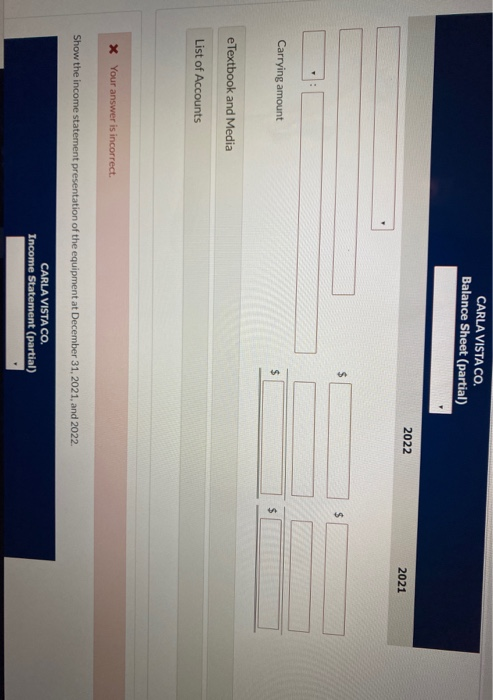 CARLA VISTA CO. Balance Sheet (partial) 2022 2021 Carrying amount e Textbook and Media List of Accounts X Your answer is inco