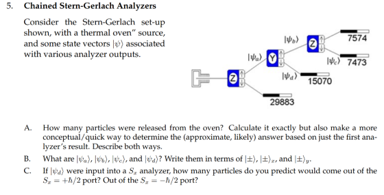 5. Chained Stern-Gerlach Analyzers Consider the Stern-Gerlach set-up shown, with a thermal oven source and some state vectors ) associated with various analyzer outputs 7574 e 7473 lva) 15070 29883 A. How many particles were released from the oven? Calculate it exactly but also make a more conceptual/quick way to determine the (approximate, likely) answer based on just the first ana- lyzers result. Describe both ways What are ly,.), Ιψο), Iqbe), and lụa)? Write them in terms of It), 1 )2, and 1 %. C. If lVa) were input into a S analyzer, how many particles do you predict would come out of the Sr-th/2 port? Out of the S,--h/2 port?