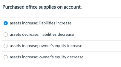 Purchased office supplies on account. assets increase; liabilities increase assets decrease; liabilities decrease assets incr