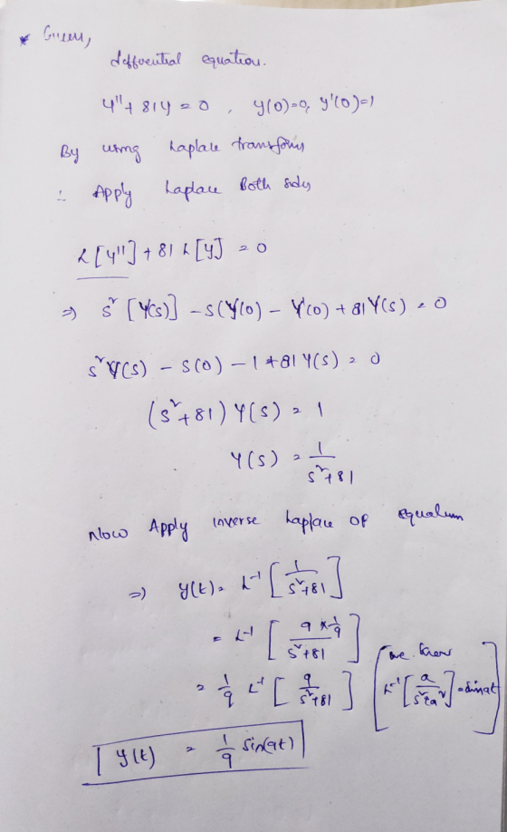 Green, differential equation. 49+81420 4(0)-0, 410)-) By using haplate transforms Both sides Laplace Apply *[4] 7 814 [4J 2