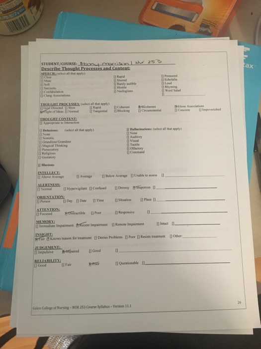 ах STUDENT/COURSE Ebout orason Nur 253 Describe Thought Processes and Content: 11 Clear Rapid Prewed Me Echali Barely le Rhym
