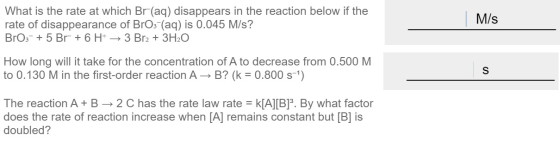 What is the rate at which Br(aq) disappears in the reaction below if the rate of disappearance of BrO3-(aq) is 0.045 M/s? BrO