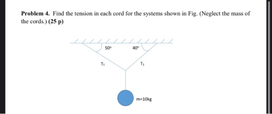 Problem 4. Find the tension in each cord for the systems shown in Fig. (Neglect the mass of the cords.) (25 p) / / / / / 50°