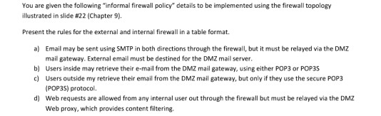 You are given the following informal firewall policy details to be implemented using the firewall topology illustrated in s