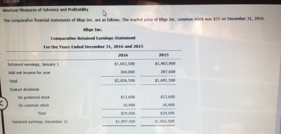 Calculator Nineteen Measures of Solvency and Profitability The comparative financial statements of Blige Inc. are as follows.
