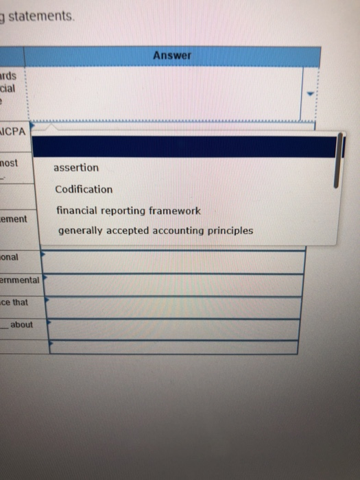 statements. Answer rds cial ICPA nost assertion Codification financial reporting framework generally accepted accounting principles ement onal ernmental ce that _about