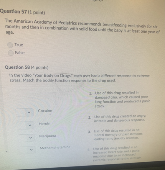 Question 57 (1 point) The American Academy of Pediatrics recommends breastfeeding exclusively for six months and then in comb