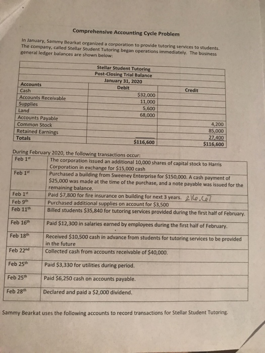 Comprehensive Accounting Cycle Problem In January, Sammy Bearkat organized a corporation to provide tutoring services to stud