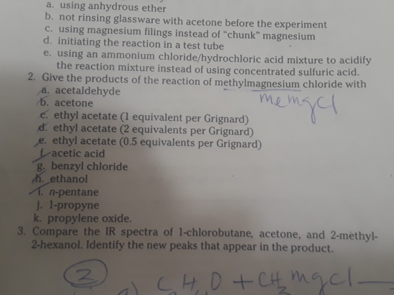 a. using anhydrous ether b. not rinsing glassware with acetone before the experiment c. using magnesium filings instead of c