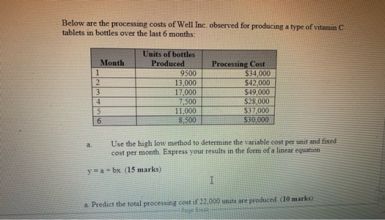 Below are the processing costs of Well Inc. observed for producing a type of vitamin C tablets in bottles over the last 6 mon
