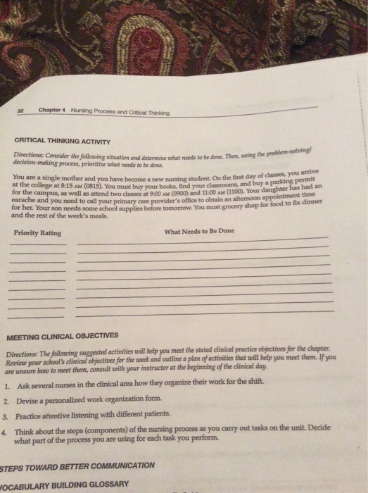 Chapter 4 Nursing Process and Critical Thiniding 32 CRITICAL THINKING ACTIVITY Directions: Consider the following situation a