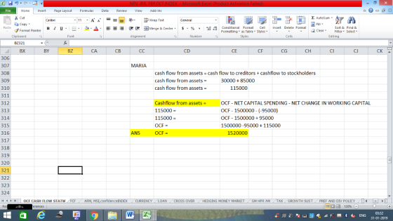 Home nert Page Layout Formulas Data Review View dd-Ins s Cut aCopy E AutoSum Wrap Text в 1 프 . Ej-., Δ. : rーー 逻锂函Merge & Center. $, % , 弼,8 C Paste Conditional Format CeInsert Delete Format Formatting as Table Styles2 Clear Sort &Find & Format Painter Clipboard BZ321 BX Font Alignment Number Cells Edting BY BZ CA CB CD CE CF CG CH CI Cl CK 306 307 308 309 310 311 312 313 314 315 316 317 318 319 320 321 322 323 324 4 OCF CASH FLOW STATW MARIA cash flow from assets cash flow to creditors cashflow to stockholders cash flow from assets cash flow from assets = 3000085000 115000 Cashflow from assets = 115000- 115000 OCF = OCF OCF - NET CAPITAL SPENDING - NET CHANGE IN WORKING CAPITAL OCF 1500000 (-95000) OCF 150000095000 1500000-95000115000 ANS 1520000 ARM, MSI confidenceINDEX / CURRENCY LOAN CROSS OVER / HEDGING MONEY MARKET GM HPR AM TAX GROWTH SUST PREF AND DIV POLICY T 31-01-2019