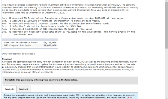 The following selected transactions relate to investment activities of Ornamental Insulation Corporation during 2021. The com