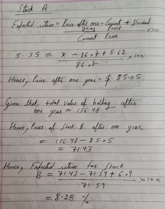 Stock Expected A return = lsice after one - Luzurt + Dividend Price Price - Xloo Year Current xlog 5.35 = x - 86.07 +5.62 h -