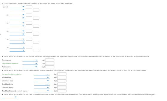 1. Journalize the six adjusting entries required at November 30, based on the data presented. Nov. 30 30 30 30 30 30 2. What