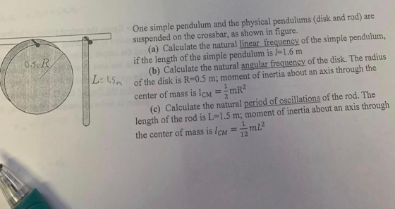 One simple pendulum and the physical pendulums (disk and rod) are suspended on the crossbar, as shown in figure. (a) Calculat